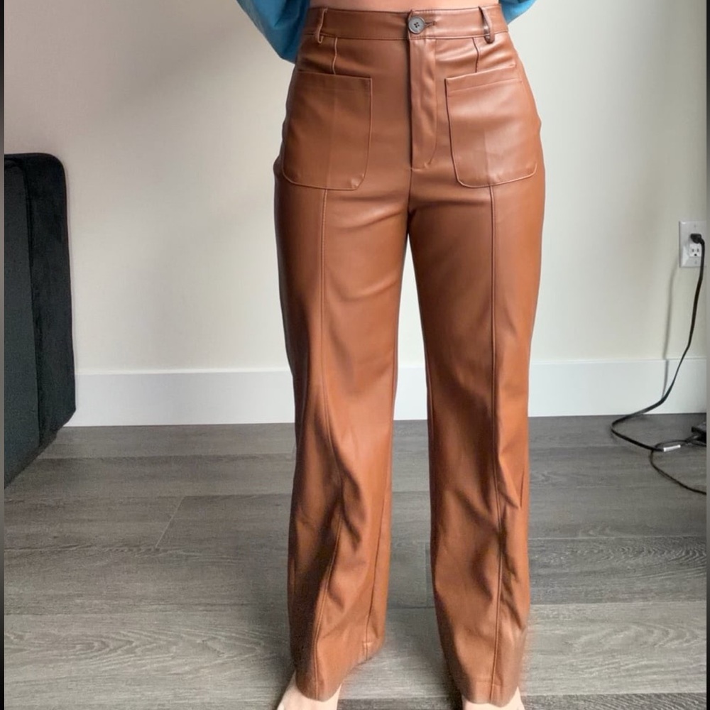 Stradivarius Tan Wide Leg Leather Pants